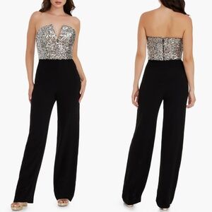 NEW DRESS THE POPULATION Black FERNANDA Sequin Bodice STRAPLESS Notch JUMPSUIT S
